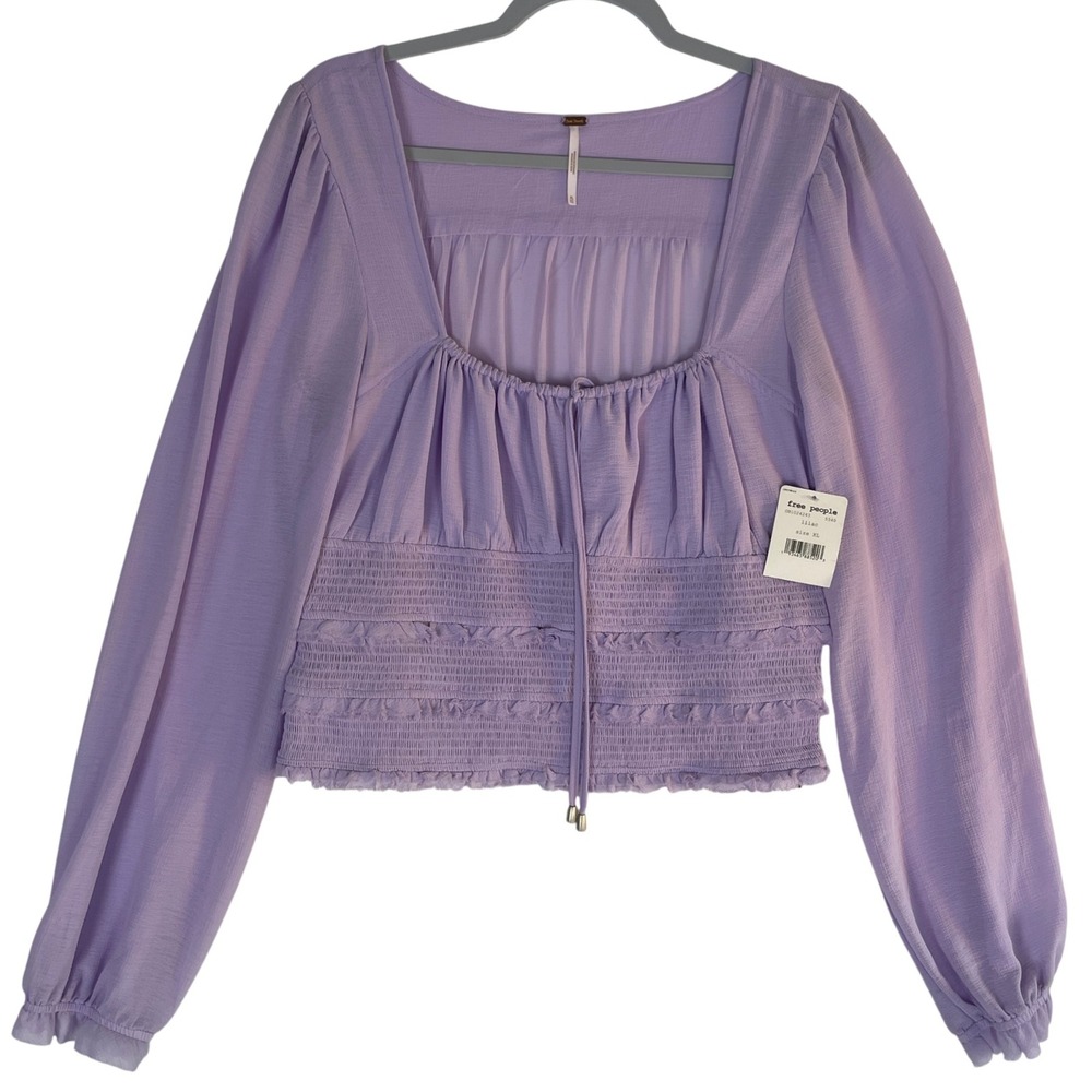 Free People Lilac Square Neck Smocked Long Sleeve Crop Top Blouse XL